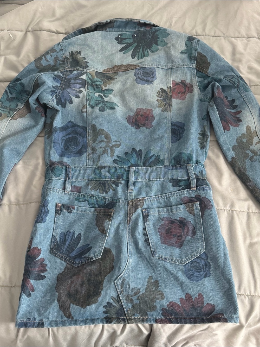 Fashion Nova Light Blue Denim Jacket Dress with Multicolor Floral Print - Picture 2 of 2